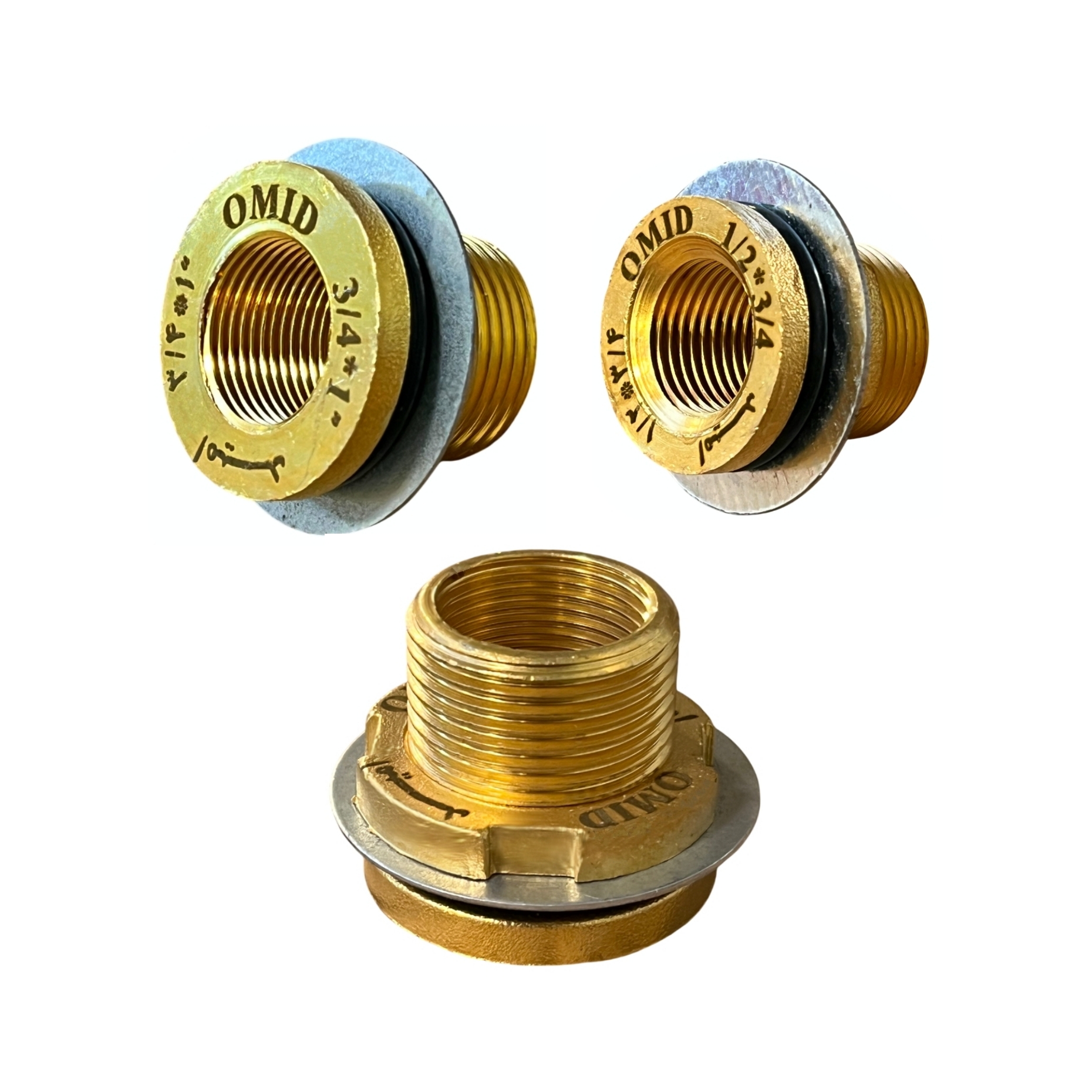 فیتینگ منبع برنجی برند امید، سایز ۱ اینچ به ۳/۴ اینچ و ۳/۴ اینچ به ۱/۲ اینچ، جنس برنج با کیفیت، مناسب سیستمهای لولهکشی و تأسیسات آبرسانی